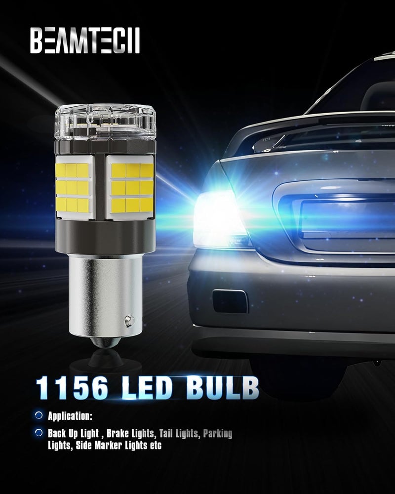 BEAMTECH Upgraded 1156 LED Bulbs for Turn Signal Lights, Build-in CANBUS, 6500K White Super Brighte, 1141 1003 7506 BA15S Reverse Back Up Lights, Tail Brake Parking Lights, Pack of 2 - Image 2